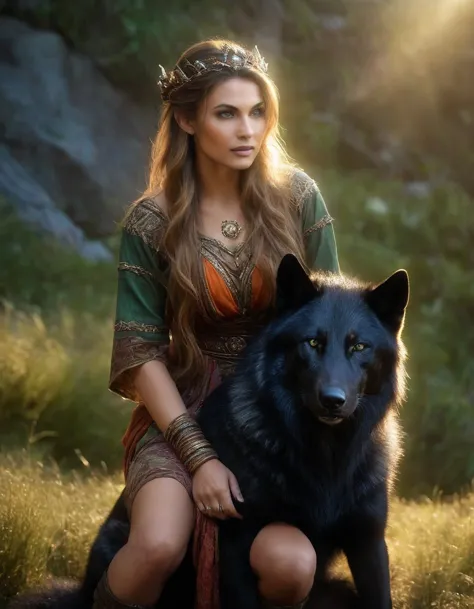 (Beautiful druid elf girl 1.3) hugging a black wolf (extremely detailed CG unity 8k wallpaper, masterpiece, best quality, ultra-...