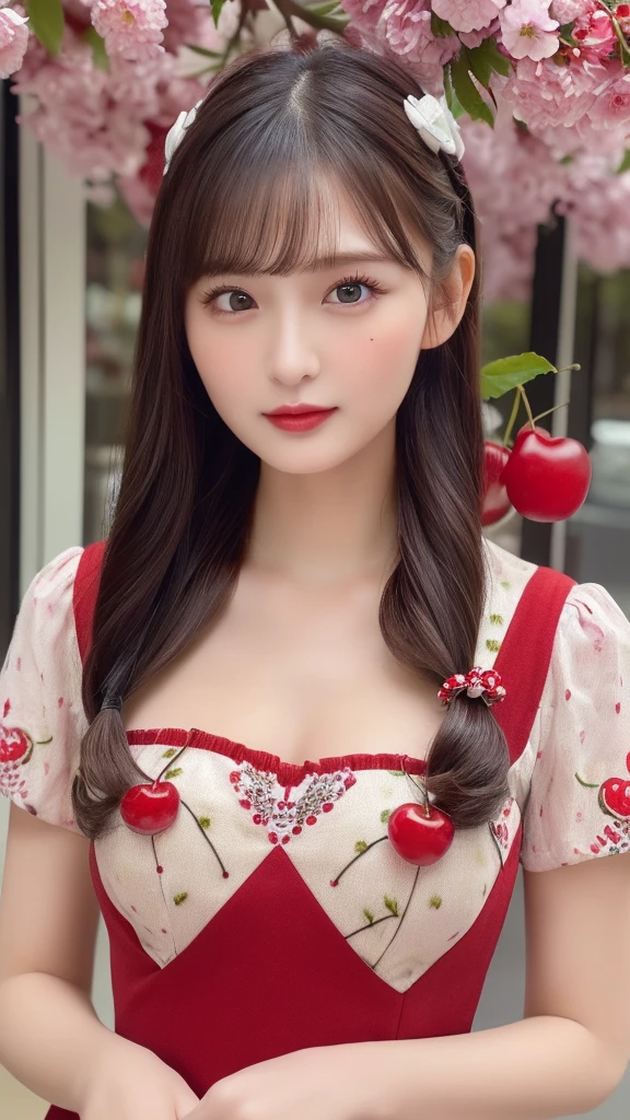 ((highest quality, 8K, masterpiece: 1.3)), 1 girl, slender beautiful girl: 1.3, (random hairstyle, normal breast: 1.2), super detailed face, fine eyes, double eyelid, Walking happily in the business district,(The dress is decorated with cherry-themed patterns and colors, cherry fruits,cherry:1.25)