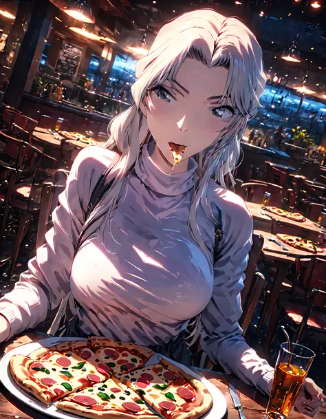 anime,1girl,white long hair,gray eyes, white shirt, long sleeves, turtleneck, sitting, looking at viewer,( eating holding pizza ...