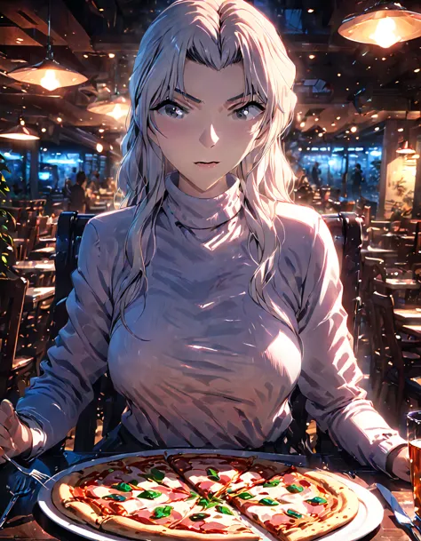 anime,1girl,white long hair,gray eyes, white shirt, long sleeves, turtleneck, sitting, looking at viewer,( eating holding pizza ...