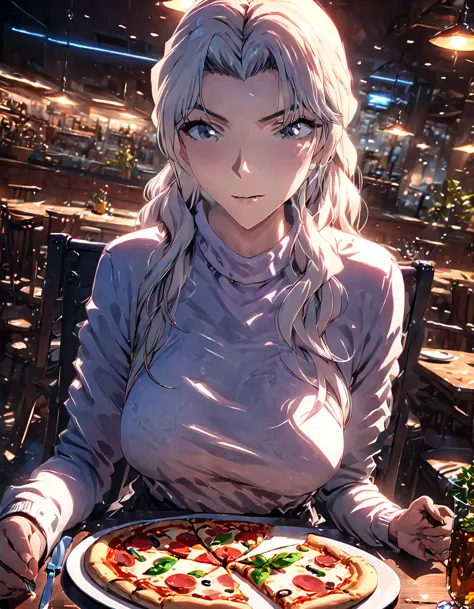 anime,1girl,white long hair,gray eyes, white shirt, long sleeves, turtleneck, sitting, looking at viewer,( eating holding pizza ...