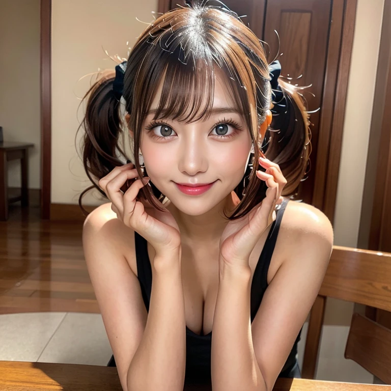 Tabletop, Two Girls、Highest quality, figure, Super detailed, In detail, High resolution, 8k wallpaper, Perfect dynamic composition, Beautiful attention to detail, Women's fashion,Natural color lip, Twin tails. Bold sexy pose,smile,Harajuku、17-year-old girl、cute、sexy shot looking at camera,