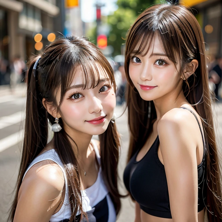 Tabletop, Two Girls、Highest quality, figure, Super detailed, In detail, High resolution, 8k wallpaper, Perfect dynamic composition, Beautiful attention to detail, Women's fashion,Natural color lip, Twin tails. Bold sexy pose,smile,Harajuku、17-year-old girl、cute、sexy shot looking at camera,