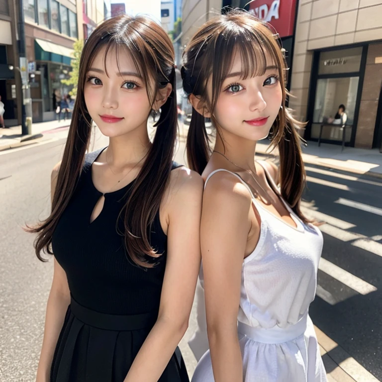 Tabletop, Two Girls、Highest quality, figure, Super detailed, In detail, High resolution, 8k wallpaper, Perfect dynamic composition, Beautiful attention to detail, Women's fashion,Natural color lip, Twin tails. Bold sexy pose,smile,Harajuku、17-year-old girl、cute、sexy shot looking at camera,