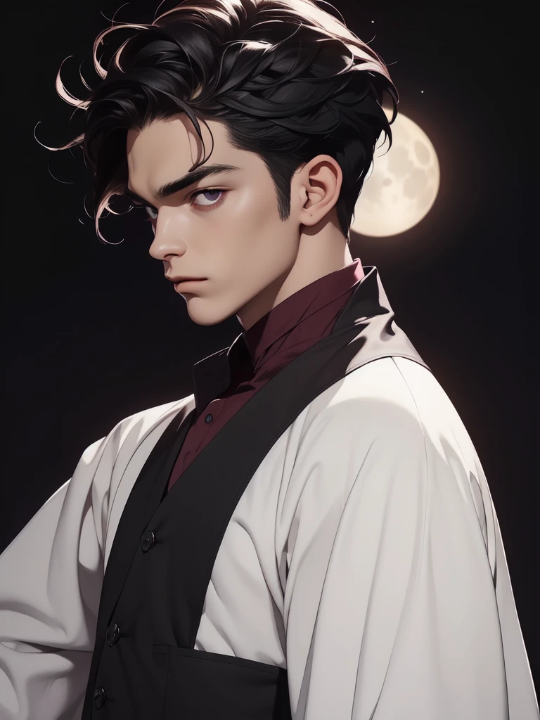 ((Meilleure qualité)), ((chef-d&#39;œuvre)), 8k (détaillé), ((visage parfait)), ((mâle)), proportions parfaites, ((demi-corps)) C&#39;est un beau vampire, Il a 18 ans, he has cheveux noirs, vêtements gothiques, corset, Torse nu, il étend ses bras sur ses côtés, il avance, il y a la pleine lune derrière lui,Il y a un cimetière derrière lui ((visage parfait)) ((ambiance vampirique)) ciel de nuit, (Meilleure qualité,4k,8k,haute résolution,chef-d&#39;œuvre:1.2),ultra-détaillé,Réaliste,professionnel,(portraits,artistes conceptuels),Couleurs vives,netteté,(paysage:1.1),HDR,éclairage de studio,(cheveux noirs:1.1),(yeux violets:1.1),musclé,corps fort,qualifié,costume