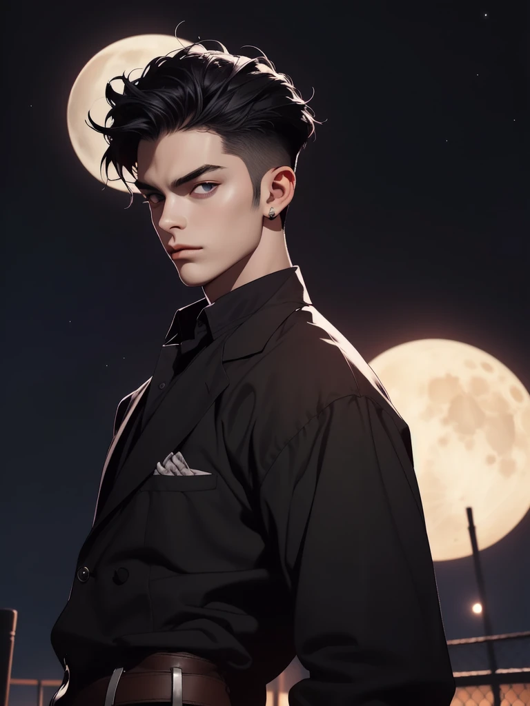 ((Best quality)), ((masterpiece)), 8k (detailed), ((perfect face)), ((male)), perfect proporcions, ((halfbody)) he is a handsome vampire, he is 1, he has black hair, gothic clothes, corset, bare chest, he extends his arms to his sides, he walks forward, there is a full moon behind him,There is a cemetery behind him ((perfect face)) ((vampire ambience)) night sky, (best quality,4k,8k,highres,masterpiece:1.2),ultra-detailed,realistic,professional,(portraits,concept artists),vivid colors,sharp focus,(landscape:1.1),HDR,studio lighting,(black hair:1.1),(purple eyes:1.1),muscualr,strong body,trained,suit