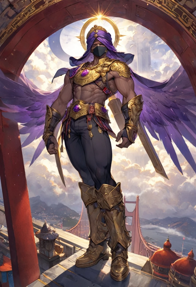 imposing, impressive, divine, athletic man, dark skin, muscular arms, a large halo of light over his head, purple turban, veil over his face, red and gold Ottoman armor, golden crescent moon engraved on the breastplate, purple boots, four large golden wings on the back, in a guardian posture, in front of a golden gate, surrounded by clouds, POV, dynamic view, full body,