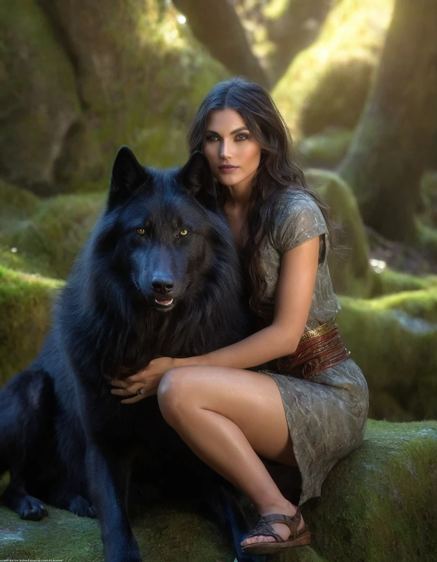 (Hermosa chica elfa druida 1.3) abrazando a un lobo negro (Fondo de pantalla CG unity 8k extremadamente detallado, obra maestra, mejor calidad, ultra detallado, Hermosos ojos brillantes detallados:1.2), mejor iluminacion, (mejor sombra, un extremadamente delicado y hermoso, floración, iridescent), obra maestra, mejor calidad:1.1, Realista:1.3, iluminación cinematográfica:1.2, en un acantilado de rayos de sol:1.5, ultra photoreal, photoRealista:1.0, enfoque nítido:1.1, profundidad de campo:1.1, 50mm, Hasselblad X1D II, Puerta 160