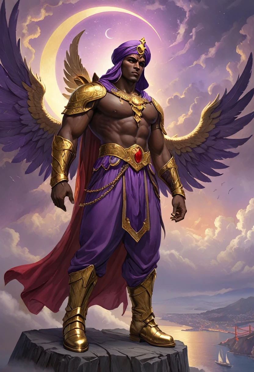 imposing, impressive, divine, athletic man, dark skin, muscular arms, a large halo of light over his head, purple turban, veil over his face, red and gold Ottoman armor, golden crescent moon engraved on the breastplate, purple boots, four large golden wings on the back, in a guardian posture, in front of a golden gate, surrounded by clouds, POV, dynamic view, full body,