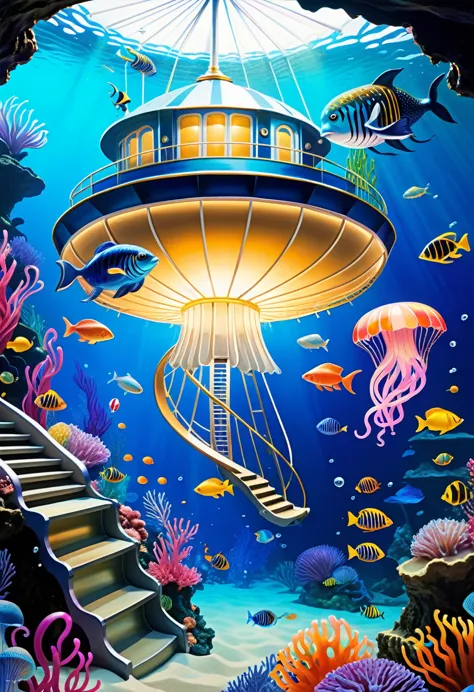 ((32k UHD, High Detail, 16k HDR Art)) Very detailed gouache painting, (((Deep Sea Futurism_theme_A park integrated with an aquar...