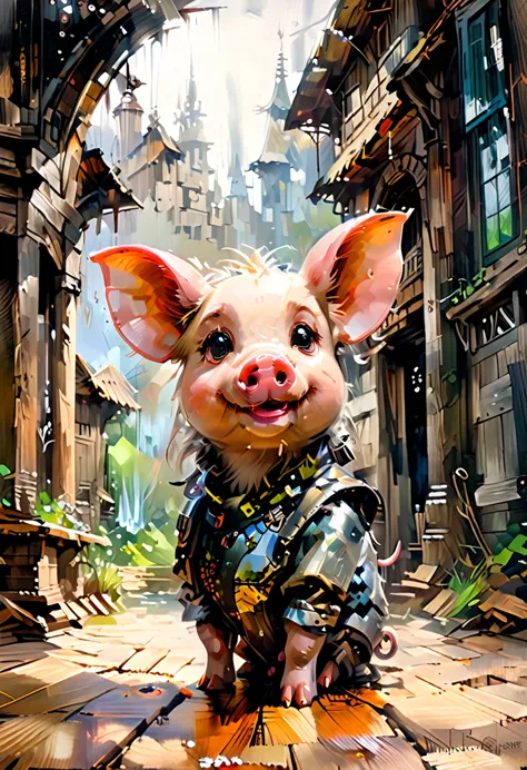 Masterpiece Illustration, high quality, high resolution 16k, a painting of a dady pig with a smile on it's face,Looking at the c...