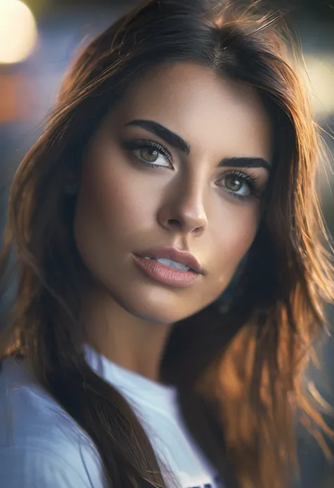 an amazing portrait of a beautiful brunette woman wearing england soccer team t-shirt, dark brown eyes, dark hair, straight hair...