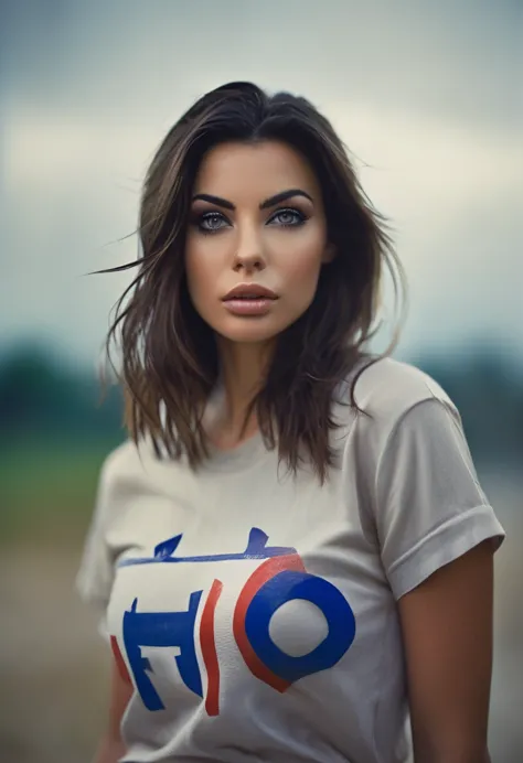 an amazing portrait of a beautiful brunette woman wearing england soccer team t-shirt, dark brown eyes, dark hair, straight hair...