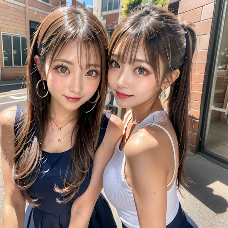 Tabletop, Two Girls、Highest quality, figure, Super detailed, In detail, High resolution, 8k wallpaper, Perfect dynamic composition, Beautiful attention to detail, Women's fashion,Natural color lip, Twin tails. Bold sexy pose,smile,Harajuku、17-year-old girl、cute、sexy shot looking at camera,