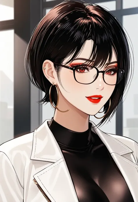 one woman ,wolf cut hairstyle ,red lipstick,black glasses,sharp jawline,face makeup,mole under right eye, hoops earrings ,dark r...