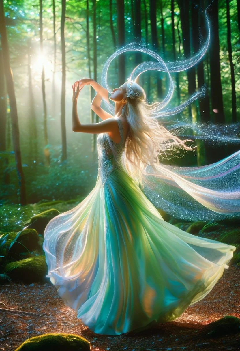 (best quality,4K,8K,high resolution,masterpiece:1.2), Extremely detailed, (Practical,photoPractical,photo-Practical:1.37), In the heart of the enchanted forest, Bathed in the soft moonlight filtering through the treetops, There stands a beautiful figure. She is an elf witch., Her long silver hair shimmers around her slender body.，Like silk woven from strands of moonlight. Her eyes, A mesmerizing rainbow mix, Shines with an otherworldly light, Reflecting the colorful colors of the surrounding forest. They are windows to the soul，As old as the trees, Full of wisdom and mystery beyond her years. Wearing a flowing white robe，It is decorated with intricate silver thread patterns., Her movements are graceful and easy. Every movement is a dance, The fluid movement seems to ripple through the air，Like water flowing over smooth stones. As she raised her slender hands to the sky, The air around her is filled with magical energy, The nature of the forest answered her call. Powerful words flowed from her lips，Like liquid silver, The ancient spell echoes in the silent night sky，The melody lingers in my mind. Every word, Tendrils of magical energy began to swirl around her., Intertwined in a flickering swirl of light and shadow. Shapes begin to form in the vortex, Phantom creatures born of pure magic dance to the rhythm of her voice. When her spell reaches, Her voice got higher and higher, A symphony of power and wonder that fills the forest. She finally waved her hands, She lifted the spell, Magical energy gathers into a beam of light，Light up the darkness like a thousand stars.(Artworks of Yoshitaka Amano:1.3)