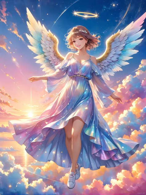A whimsical representation of an angel with large, sparkling wings, standing on a cloud. The angel is striking an unconventional...