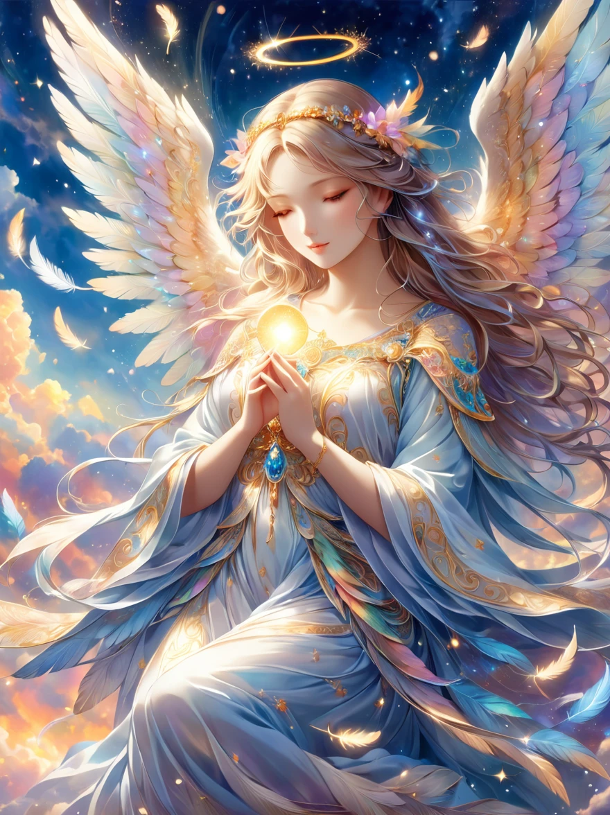 Uma imagem etérea de um anjo, brilhando com uma essência de divindade celestial. O número, incorporando um encanto etéreo, possui asas magnificamente abertas com inúmeras penas intrincadamente detalhadas. A luz caindo em cascata sobre sua forma pinta uma sinfonia melódica de extravagância visual. A expressão do anjo é calma e serena, refletindo sabedoria e compaixão. Suas mãos, suavemente entrelaçados, irradiar uma luz suave e brilhante, simbólica do calor e proteção divinos. O fundo está repleto de nuvens ondulantes que são sutilmente iluminadas pelo brilho etéreo do anjo, completo com a tranquilidade característica de um reino celestial.