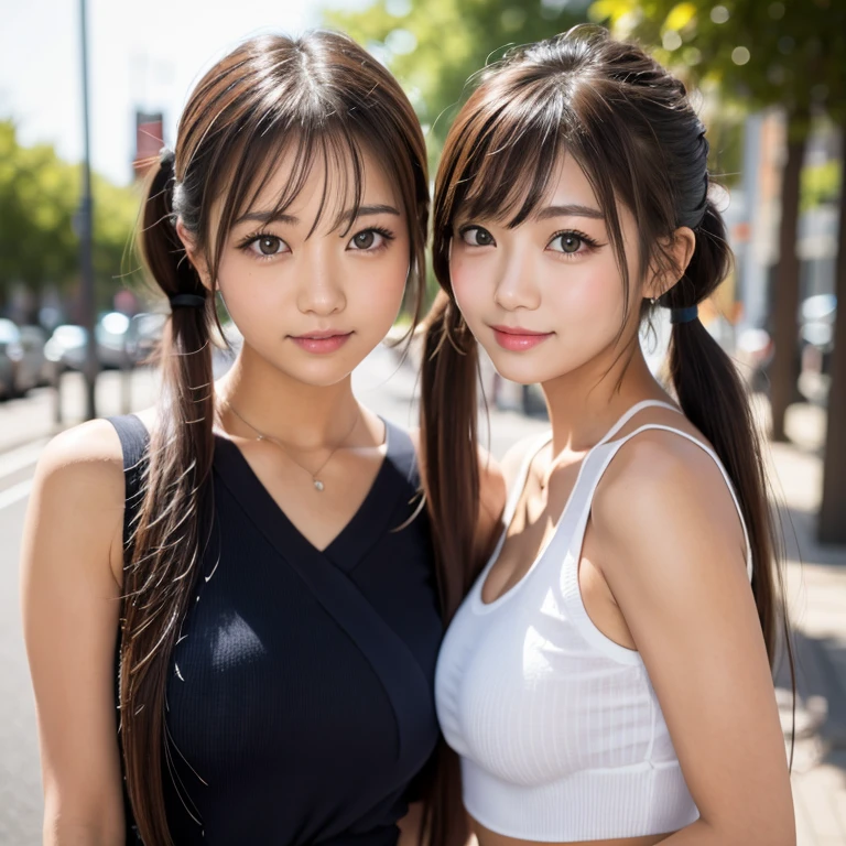 Tabletop, Two Girls、Highest quality, figure, Super detailed, In detail, High resolution, 8k wallpaper, Perfect dynamic composition, Beautiful attention to detail, Women's fashion,Natural color lip, Twin tails. Bold sexy pose,smile,Harajuku、17-year-old girl、cute、sexy shot looking at camera,　Rough Fashion、