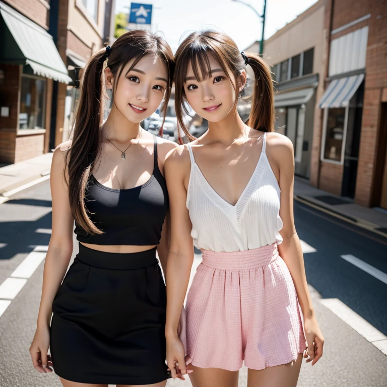 Tabletop, Two Girls、Highest quality, figure, Super detailed, In detail, High resolution, 8k wallpaper, Perfect dynamic composition, Beautiful attention to detail, Women's fashion,Natural color lip, Twin tails. Bold sexy pose,smile,Harajuku、17-year-old girl、cute、sexy shot looking at camera,　Rough Fashion、