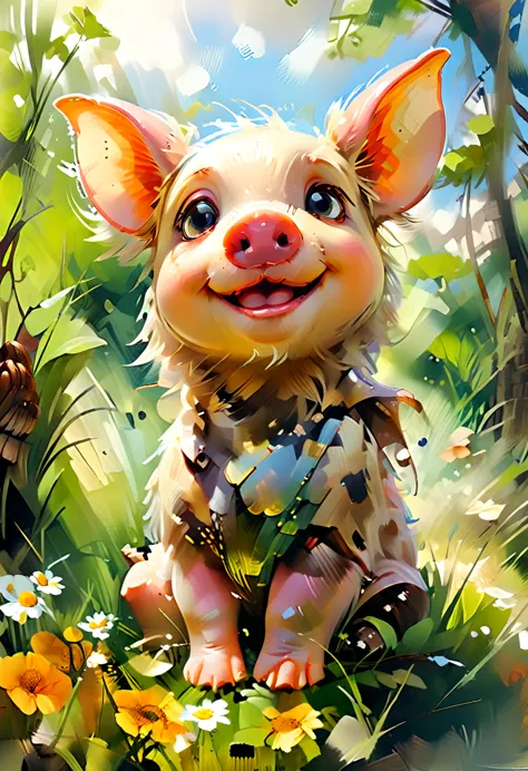 Masterpiece Illustration, high quality, high resolution 16k, a painting of a dady pig with a smile on it's face,Looking at the c...