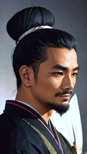 Oriental、Man in simple ancient Chinese costume、ancient chinese hairstyle male、Highest quality、masterpiece、Ultra-high resolution、(Realistic:1.4)、Game Poster、Crisp and beautiful image quality,Embroidered cloth wrapped around a topknot、Feather fan、Black clothes、