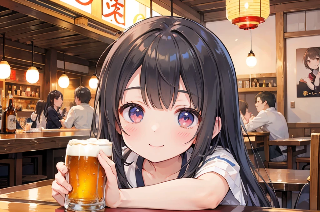 Photorealistic、Highest quality、Highest Resolution、Highest quality、８Ｋ、Beautiful woman、smile、Smile、looks fun、Izakaya、Many customers、Beer 、cheers、Beer でcheers、