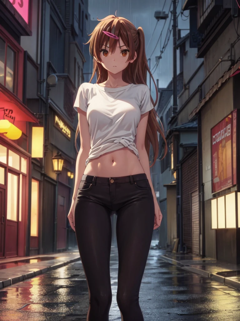 Girl, slim tight t-shirt, black thong, navel shown, street background, openlegs, night, Narrow alley between houses, night, rain, naked ass, slim body, no pants 