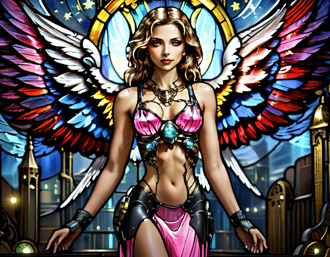 Arafed a ((stained glass artwork picture:1.5)) stained-glass, of a (mech cyberpunk female angel: 1.2) standing in at the street at night near her sports car, night, an exquisite beautiful cyberpunk female angel wearing dark dress, wearing ((intricate mech glamour pink evening dress: 1.3)), dress has miniscule mech parts, high tech parts, (white angelic wings: 1.2), spread angelic wings, halo over the head, small cleavage, wearing intricate diamond necklace, wearing elegant high heeled boots, dynamic eye color, dynamic hair color, dynamic hair style, standing near her (sports car: 1.3), cyberpunk street t background at night, moon light and stars, , full body shot, (Masterpiece: 1.5), Vibrant, Ultra-high resolution, High Contrast, masterpiece:1.2, highest quality, Best aesthetics), best details, best quality, highres, ultra wide angle, 16k, [ultra detailed], masterpiece, best quality, (extremely detailed), Mechanicus, intense gaze, stained-glass