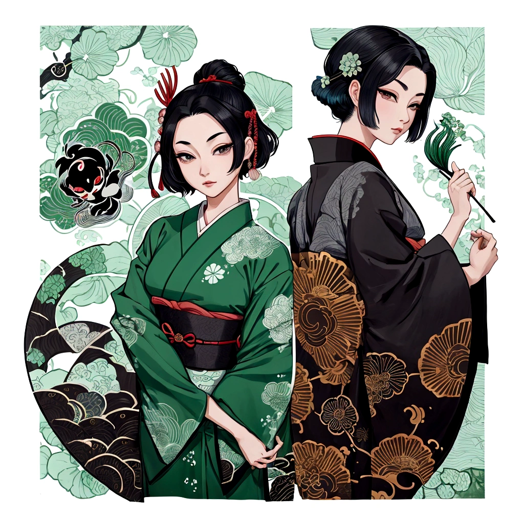 가몬,중간에 잎 무늬가 있는 남색 원에는 3개의 은행잎이 서로를 향해 자라며 일본의 손가락 파도가 틈새로 도달하는 것을 보여줍니다., Masamitsu Ōta에게서 영감을 받은 작품, inspired by Katsushika Ōi, 복잡한 아르데코 나뭇잎 디자인, Shūbun Tenshō에서 영감을 얻었습니다., 오가타 코린에게서 영감을 받은 작품, 오가타 게코(Ogata Gekkō)에서 영감을 얻었습니다., 사카이 호이츠에게서 영감을 받은 작품 