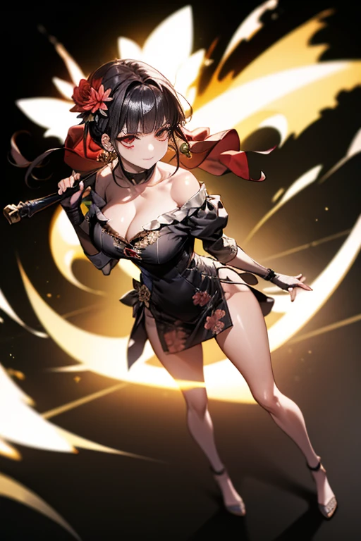 yor briar, anime style beutiful woman, 1girl,fullbody, happy, smile, red face, closed mouth, beautiful detailed eyes, super detailed skin, backlighting, bare shoulders, black background, black dress, black gloves, black hair, breasts, dress, earrings, fingerless gloves, floating hair, floral print, flower, gloves, gold earrings, gold hairband, hair flower, hair ornament, hairband, holding, holding weapon, jewelry, large breasts, long hair, looking at viewer, off-shoulder dress, off shoulder,red eyes, short hair with long locks, sidelocks, solo, spikes, thighs, two-sided dress, two-sided fabric, weapon, fighting stance , face, close up, from above, highest quality, high resolution.