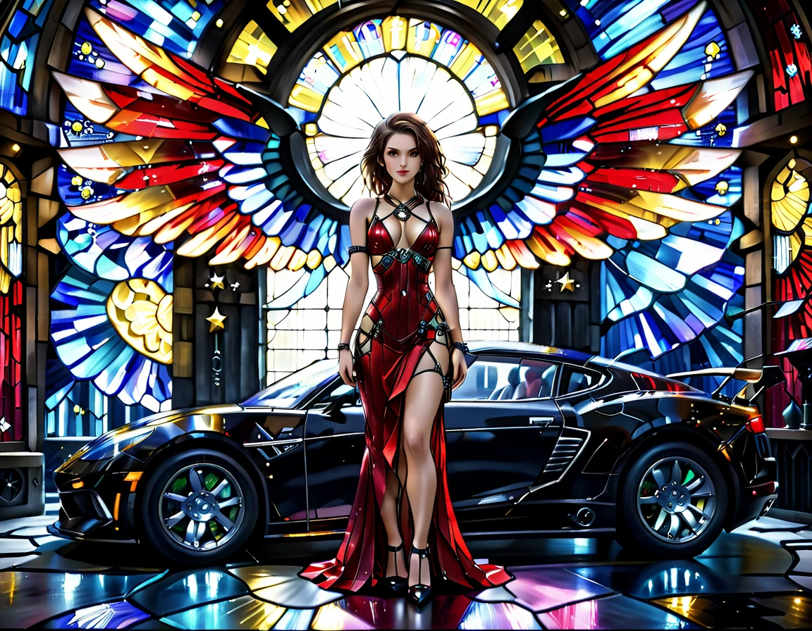 Arafed a ((imagem de arte em vitral:1.5)) vitrais, de um (mech cyberpunk anjo feminino: 1.2) standing in at the street at noite near her Carro esportivo, noite, an exquisite beautiful cyberpunk female angel vestindo dark dress, vestindo ((vestido de noite vermelho glamouroso mech intrincado: 1.3)), vestido tem peças mech minúsculas, peças de alta tecnologia, (asas angelicais brancas: 1.2), espalhe asas angelicais, auréola sobre a cabeça, decote pequeno, vestindo intricate diamond necklace, vestindo elegant high heeled boots, Cor dos olhos dinâmica, cor de cabelo dinâmica, estilo de cabelo dinâmico, parado perto dela (Carro esportivo: 1.3), cyberpunk street t background at noite, luz da lua e estrelas, , tiro de corpo inteiro, (Obra de arte: 1.5), vibrante, resolução ultra-alta, Alto contraste, Obra de arte:1.2, mais alta qualidade, melhor estética), Melhores detalhes, melhor qualidade, alta resolução, ultra grande angular, 16K, [ultra detalhado], Obra de arte, melhor qualidade, (extremamente detalhado), Mecânica, intense gaze, vitrais