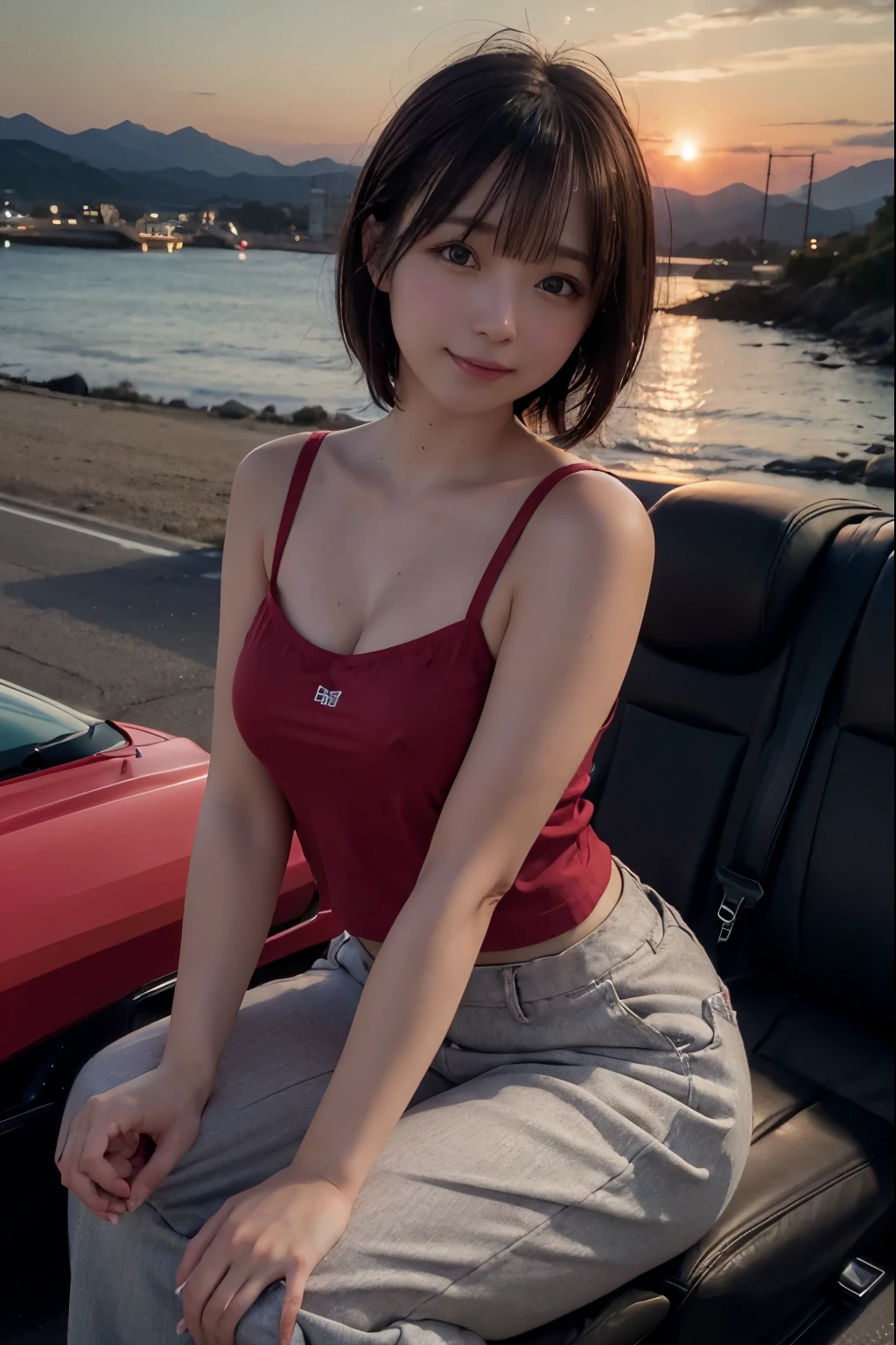 Coast, Twilight, Water Reflection, 
Widephoto Lens:1.2, 
at Left Background Peninsula with Onshore Lighthouse Tower:1.6, 
at Right Background Mount Fuji:1.4, 
Very Congested Street Along Coastline:1.2, 
 BREAK 
1 Japanese Girl, Very Short Bob Cut:1.6, Wide-Set Eyes, Very White Skinned, Blush, Bashfully, 19-Year-Old, Open Mouse Slightly, 
(Sitting on Passenger Seat of Red Convertible Car:1.6), 
Brown Hair, Wet Hair, Non-Nipple:1.2, 
Very Cheerful, Light Smiling, 
Looking at Viewer in Driver Seat:1.2, 
(Wide Pants + Camisole-tops:1.4), 
from Behind:1.0, from Side:1.0, Medium Shot, 
Perfectly Anatomically Correct:1.6, SFW:1.2, 
 BREAK 
8K, RAW Photo, Best Quality, Masterpiece, Realistic, PhotoRealistic, Extremely Detailed 8K Wallpaper, Beautifully Detailed Eyes, Finely Detailed Face, 
High-Key Lighting, Professional Lighting, Cinematic Lighting, Sidelighting, Bokeh