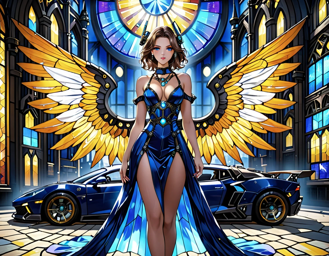 Arafed a ((stained glass artwork picture:1.5)) stained-glass, of a (mech cyberpunk female angel: 1.2) standing in at the street at night near her sports car, night, an exquisite beautiful cyberpunk female angel wearing dark dress, wearing ((intricate mech glamour blue evening dress: 1.3)), dress has miniscule mech parts, high tech parts, (white angelic wings: 1.2), spread angelic wings, halo over the head, small cleavage, wearing intricate diamond necklace, wearing elegant high heeled boots, dynamic eye color, dynamic hair color, dynamic hair style, standing near her (sports car: 1.3), cyberpunk street t background at night, moon light and stars, , full body shot, (Masterpiece: 1.5), Vibrant, Ultra-high resolution, High Contrast, masterpiece:1.2, highest quality, Best aesthetics), best details, best quality, highres, ultra wide angle, 16k, [ultra detailed], masterpiece, best quality, (extremely detailed), Mechanicus, intense gaze, stained-glass