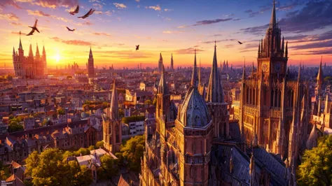 a beautiful medieval castle at sunset, white doves flying in the sky, a prosperous and bustling city, ornate architecture, intri...