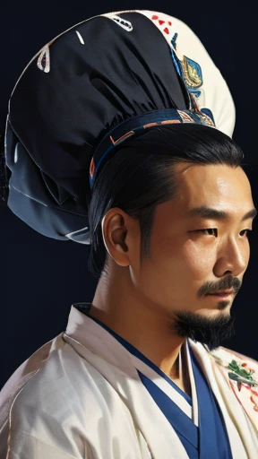 Oriental、Man in simple ancient Chinese costume、ancient chinese hairstyle male、Highest quality、masterpiece、Ultra-high resolution、(Realistic:1.4)、Game Poster、Crisp and beautiful image quality,Embroidered cloth wrapped around a topknot、Feather fan、Black clothes、