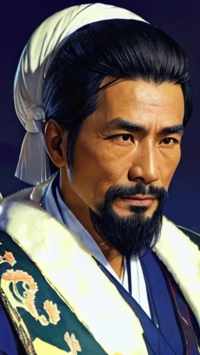 Oriental、Man in simple ancient Chinese costume、ancient chinese hairstyle male、Highest quality、masterpiece、Ultra-high resolution、(Realistic:1.4)、Game Poster、Crisp and beautiful image quality,Embroidered cloth wrapped around a topknot、Feather fan、Black clothes、