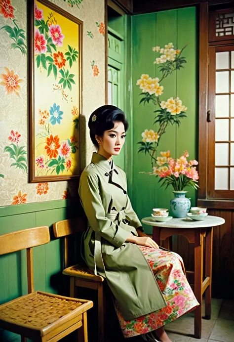 movie still, a beautiful woman wearing 1960s british style trench coat over a floral patterned qipao, sitting on a wooden stool ...