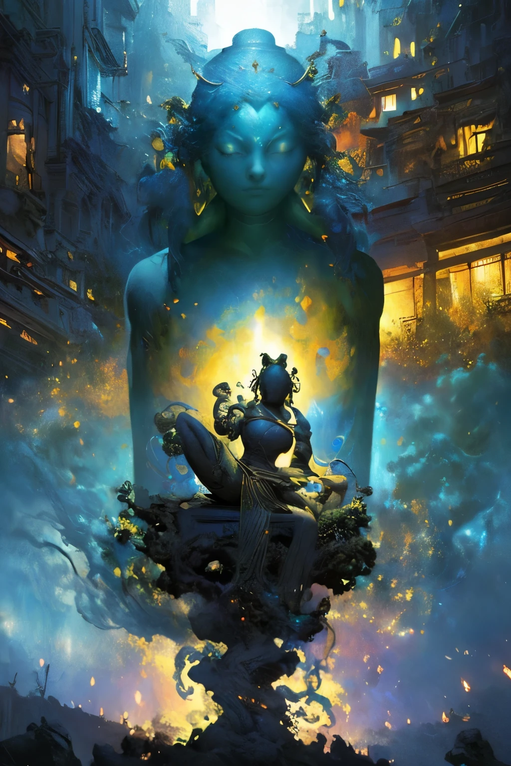 (Masterpiece, Top Quality, Best Quality, Official Art, Beautiful and Aesthetic: 1.2)
(1 Statue)
(Striking Detail, Highly Defined, Abstract Expressionism)
(Dramatic Colors, Bold Hues, Protean Transitions)
(Seated Buddha Figure, Serene Posture, Peaceful Repose)
(Frontal View, Elevated Angle, Cinematic Lighting, Gold Lighting)
(Chiaroscuro, Character Sheets, Projected Inset, First Person Perspective)
(Hyper-HD, 8K Resolution, Atmospheric Perspective, Super Detail)