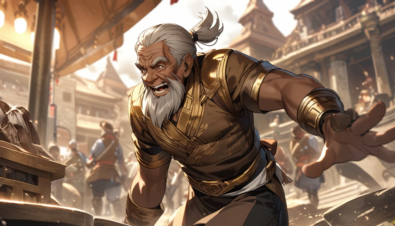 The bronze-skinned old man&#39;s muscles are bulging