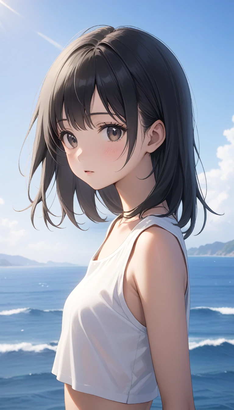 Visible through the white shirt ,(Best quality, 8k, 32k, Masterpiece:0.9, UHD:1.0,photo realistic:1.0 ),1girl,cute idol ,13 yo,
black hair,flat chest,the Pacific Ocean,batle ship,narrow waist,(camel toe:0.3),
nude,small nipples,  Black Hair, Long Hair, 