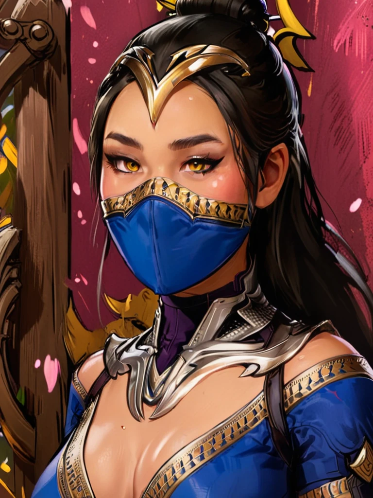 masterpiece, best quality, 1girl, kitana, mouth mask, black hair, hair bun, large ass,small ,yellow eyes, dark skin, shoulder armor, closeup, sketch, solo, royal background blush,mouth open,wide mouth,tongue out