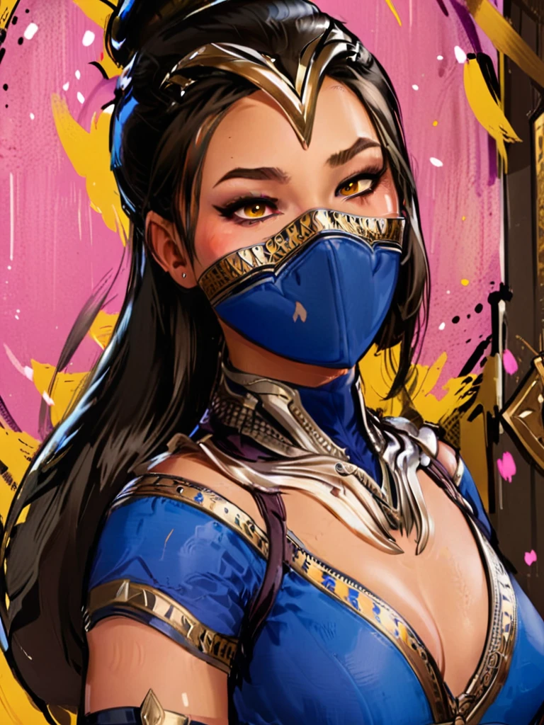 masterpiece, best quality, 1girl, kitana, mouth mask, black hair, hair bun, large ass,small ,yellow eyes, dark skin, shoulder armor, closeup, sketch, solo, royal background blush,mouth open,wide mouth,tongue out