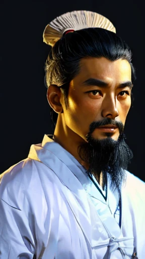 Oriental、Man in simple ancient Chinese costume、ancient chinese hairstyle male、Highest quality、masterpiece、Ultra-high resolution、(Realistic:1.4)、Game Poster、Crisp and beautiful image quality,Embroidered cloth wrapped around a topknot、Feather fan、Black clothes、