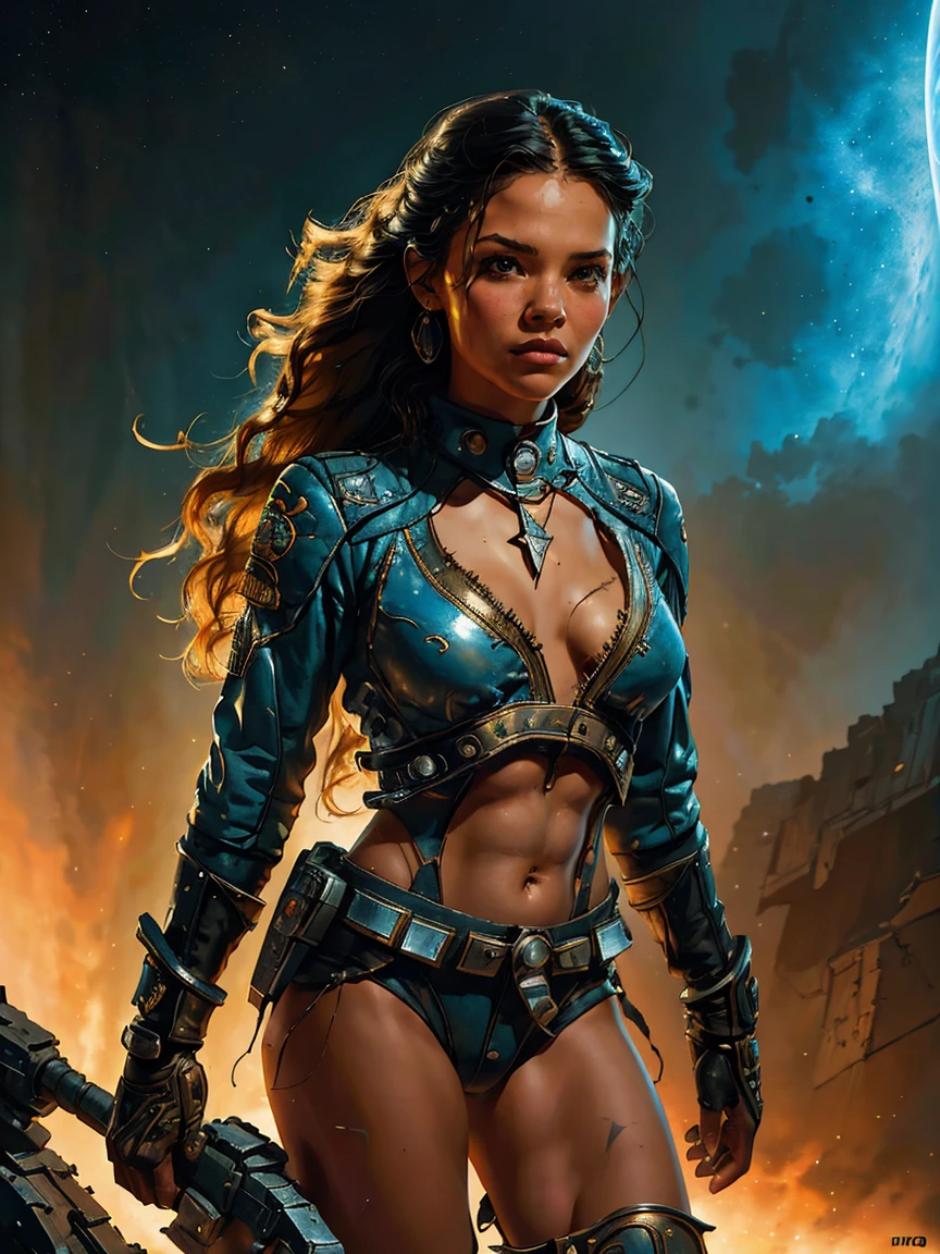 a young female space fighter pilot based on Jenna Ortega, sci-fi illustration, highly detailed cinematic fantasy portrait, black outlining, full color illustration, in the style of BORIS VALLEJO & JULIE BELL, masterpiece, 8k, ultra-detailed, physically-based rendering, vivid colors, dramatic lighting, intricate background, fantasy, photorealistic