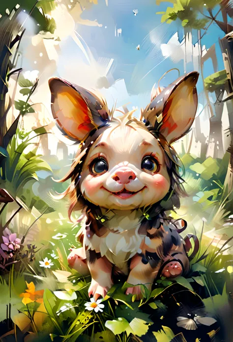 Masterpiece Illustration, high quality, high resolution 16k, a painting of a piggy with a smile on it's face and big ears sittin...