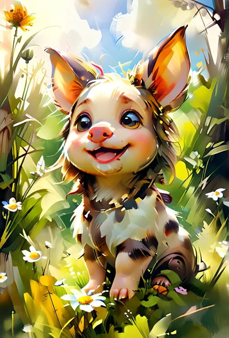 Masterpiece Illustration, high quality, high resolution 16k, a painting of a piggy with a smile on it's face and big ears sittin...