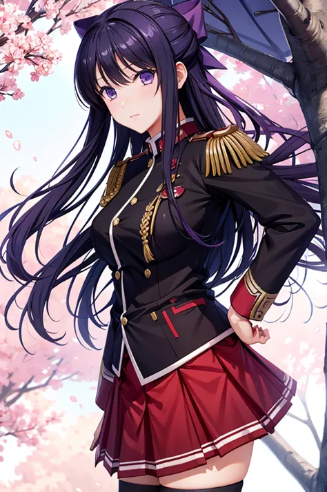 Akane Ryuuzouji、Black jacket uniform、Red pleated skirt、Epaulettes、aiguillette、Purple head ribbon