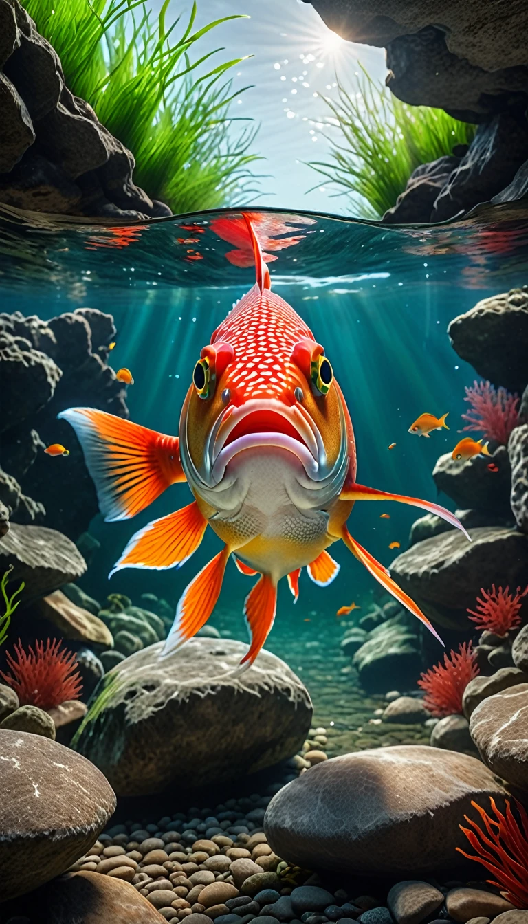 正面図，川の下の赤い魚, (最高品質，4k，8K，上級，傑作：1.2），超詳細，（リアル，写真リアル，写真リアル：1.37），非常に精巧に描かれた動物たち，複雑なパターン，リアルな照明，ファンタジーの生き物