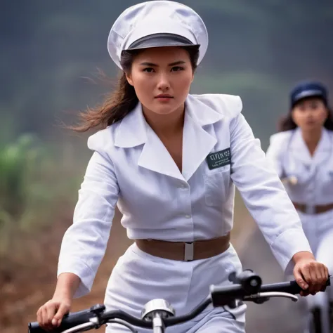 cinematic film still of  In the 1980's In Hong Kong China a woman in a white nurse uniform bodysuit holding a ww2 gun,1girl,solo...